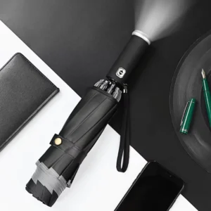 Custom Logo Reverse Automatic Folding Umbrella with LED Flashlight & Reflective Edging Foldable Inverted Design