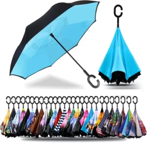 Custom Logo Reverse Umbrella Double Layer Windproof Inverted C Handle Waterproof Pongee Fiberglass Shaft 105cm Open