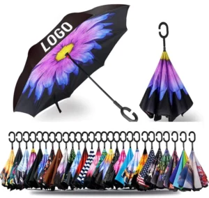 Custom Logo Reverse Umbrella Double Layer Windproof Waterproof Pongee Fiberglass Shaft 105cm Open Diameter Outdoor
