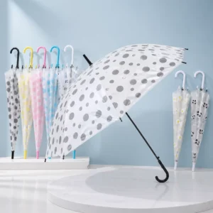 Custom Logo Transparent Polka Dot Long Handle Umbrella Clear POE J Hook Waterproof Rain Parasol for Women Kids