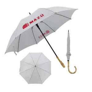 Custom Logo White Stick Umbrella with Bamboo J Handle Windproof Straight Manual Rain Parasol