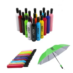 Custom Logo Wine Bottle 3 Fold Manual Umbrella Portable Folding Rain Parasol Silver UV Waterproof Promotional Gift Set