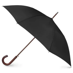 Custom Long Wooden Handle Minimalist Semi-automatic Black Straight Golf Umbrella with 190T Fabric