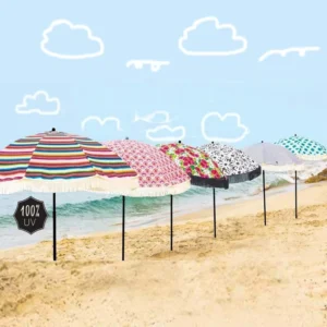 Custom Luxury Portable 8 Feet Vintage Boho Steel Pole Canvas Yellow Fringe Sun Parasol Beach Umbrella With Tassel