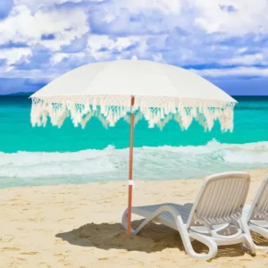 Custom Luxury Portable Wooden Pole Beach Umbrella with Tassels Outdoor 8 Feet White Sun Parasol Outdoor Tassel Beach Umbrella