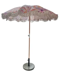 Custom Luxury Portable Wooden Pole Canvas Fabric Fringe Sun Outdoor Parasols Beach Umbrellas with Tassels
