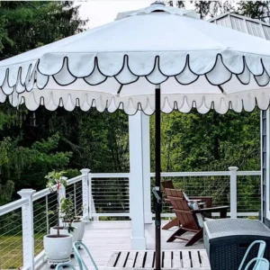 Custom Modern Premium Outdoor Furniture Waterproof Granite Base Fringed Iron Beach Umbrella for Hotels & Parks