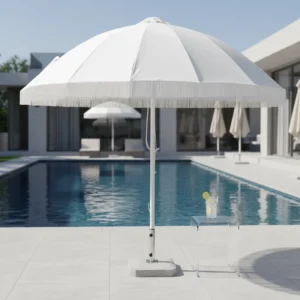 Custom Modern Premium Waterproof Outdoor Furniture Restaurant & Beach Umbrella with Fringed Wood Base for Hotels Parks Gyms