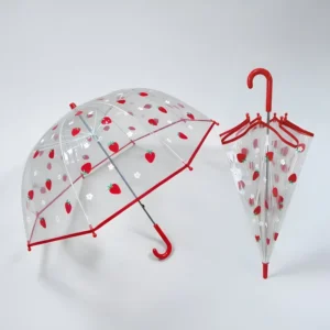 Custom OEM Cartoon Strawberry POE Transparent with Edge Binding 8ribs Straight Long Handle Kids Adults Umbrella