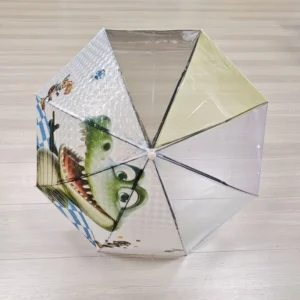 Custom OEM Cute Cartoon Kids Dinosaur Print 3D POE Transparent Holographic Iridescent Effect Straight Handle Travel Umbrella