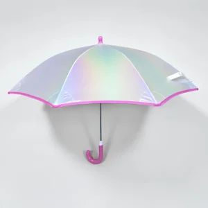 Custom OEM Cute INS Mini Children Photo Taking Holographic Iridescent 8 Ribs Edge Binding Straight Long Manual Umbrella