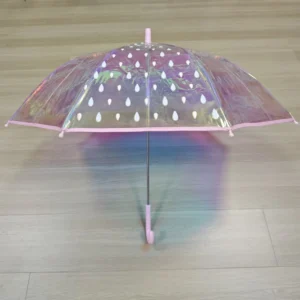 Custom OEM Cute Kids Holographic Iridescent Clear Raindrop Print Pink Edge Binding Lightweight Straight Long Handle Manual