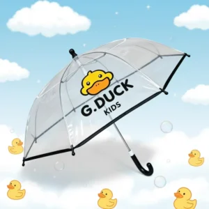 Custom OEM Cute Rainy Back To School Cartoon Kids Transparent POE 8 Ribs Straight Long Handle Manual Umbrella All In 1