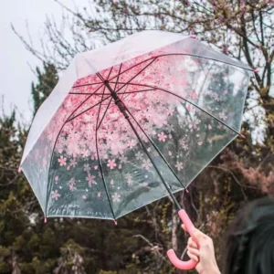 Custom OEM Japanese Flower Sakura Rainy POE Transparent Automatic Opening Straight Handle Umbrella