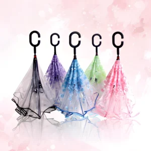 Custom OEM Manual Reverse Inverted POE Plastic Transparent C-Shape Hook Handle 8ribs Flower Travel Cherry Blossom Print Umbrella
