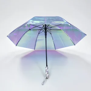 Custom OEM ODM Modern Viral Rainy Light Reflecting Holographic Iridescent Transparent 8 Ribs Straight Long handled Automatic