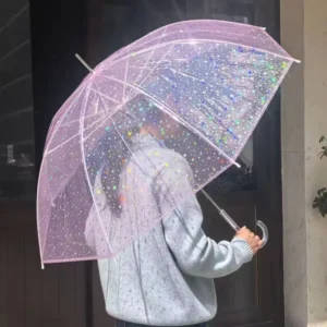 Custom OEM ODM Pink Transparent POE Iridescent Laser Star Glitter Straight 8-Rib Umbrella