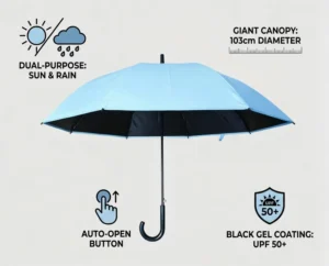 Custom OEM ODM UV-Protection POE Black-Coated 8K-Rib Straight Long-Handle Automatic Umbrella