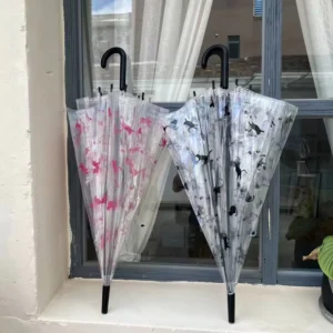 Custom OEM Semi-Automatic Cat-Print Transparent POE Plastic Straight Long-Handle Travel Umbrella
