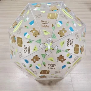 Custom OEM Semi-Automatic Cute Bear Travel Children Adults Transparent POE Plastic 8 Ribs Straight Long Handle Manual Umbrella