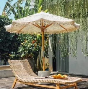 Custom Outdoor Braided Rope Umbrella Wooden Handle Garden Beach Sun Shade Umbrella Cotton Tassels Umbrella