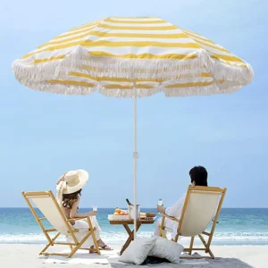 Custom Outdoor Portable Yellow Boho Wooden Pole Canvas Tassel Parasol Vintage Beach Umbrella With Fringe