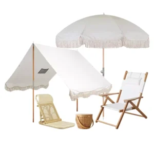 Custom Outdoor Premium Vintage Wood Pole Manual Fringed Tassel Beach Parasol Umbrella Chair Fiberglass Frame UV 50+ Canvas