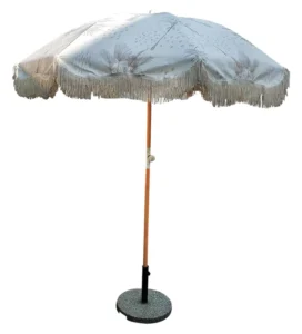 Custom Outdoor Travel Canvas Fabric Sun Beach Umbrella with Cotton Tassel and Fringe