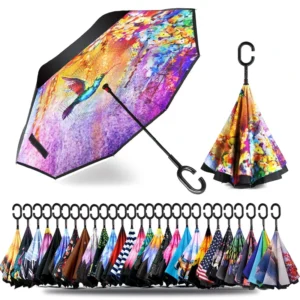 Custom Pattern Inverted Umbrella with C-Shaped Handle, Anti-UV Waterproof Windproof