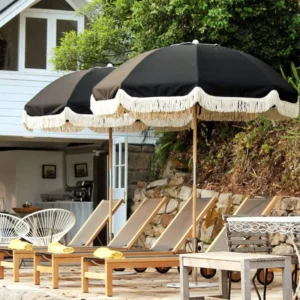 Custom Portable Large White Vintage Fringe Pool and Garden Sun Shade Umbrella with Tassels