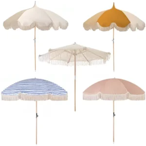 Custom Portable Outdoor UV Protection Fringe Patio Beach Umbrella with Wooden Pole and Tassels, Beach Umbrella Manufacturer