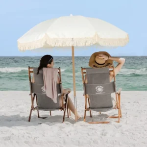Custom Portable Vintage Wooden Pole Canvas Yellow Fringe Outdoor Beach Umbrella With Tassels