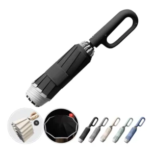 Custom Portable Windproof Automatic Folding Waterproof Umbrella Steel Ribs UV Protection O-Buckle Hook Loop Lock 3-Fold