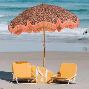 Custom Portable Wood Pole Beach Umbrella Midcentury Design Tilt Hinge Cotton Tassels for Hotel