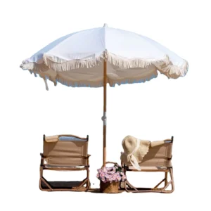 Custom Portable Wood-Pole Boho Beach Parasol with Fringe and Tassels