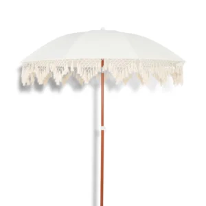 Custom Print Logo Portable Boho Canvas Fringed Windproof Outdoor Patio Beach Umbrella With Wooden Pole and Tassels