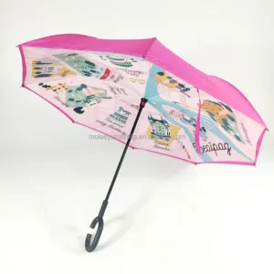 Custom-Print Reverse Folding Inverted Umbrella, C-Handle, Hands-Free Manual, Fiberglass, Anti-UV, Waterproof, Windproof, Car Use