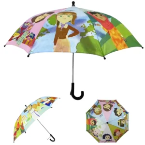 Custom Printed 190T Polyester Pongee Windproof Kids Umbrella Manual Straight Plastic Handle Metal Frame