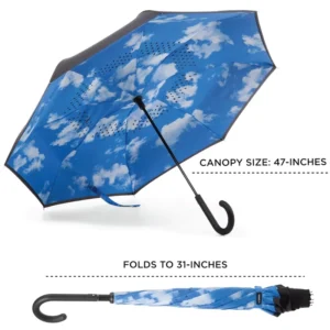 Custom Printed Inverted J Handle Reverse Umbrella, Manual Control, Straight Upside Down Design
