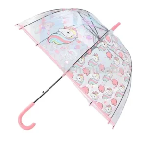 Custom Printed Kids Unicorn Transparent Straight Manual Umbrella with Plastic Handle Nylon Material Minimalist Design