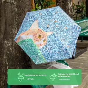 Custom Printed Sun Rain Manual Open Flat Handle Pongee Fabric with Black UV Coating Three Folding Umbrella with Storage Bag