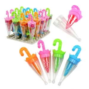 Custom Private Label Halal Fruity Flavor Cartoon Umbrella Nipple Lollipop Multi-Colored Box Packaging Kids Candy Toys