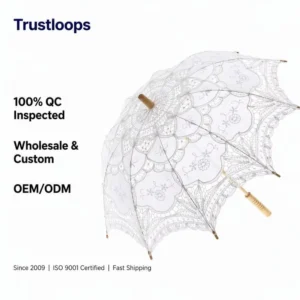 Custom Private Label Lace Folding Umbrella Cotton Cloth Wooden Handle Parasol OEM ODM Low MOQ Sample