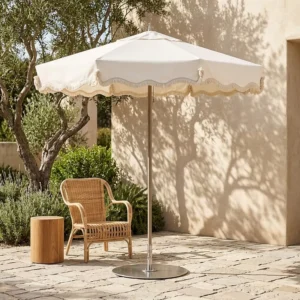 Custom Retro 2.4m Vintage Heavy-Duty White Garden Market Parasol Fringe Patio Umbrella with Cotton Tassels for Pool