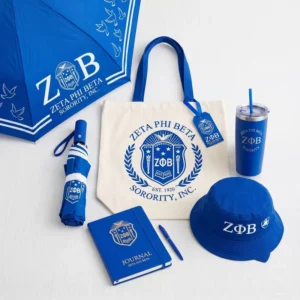 Custom Royal Blue White Greek Letters Sisterhood Tumbler Cap Umbrella Notebook Lanyard 5Pcs Gift Set