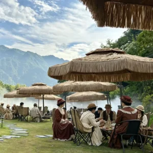 Custom Size Double Roof Thatched Straw Beach Umbrella Handmade Raffia Outdoor Parasol for Glamping Site Resort Farm