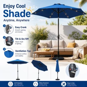 Custom Square Solar LED Parasol Manual Crank Aluminum For Outdoor Restaurants Patios Hotel Courtyard Lawn