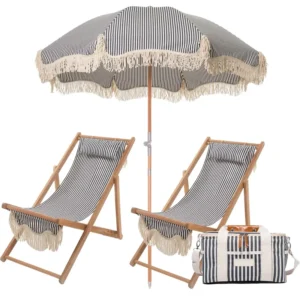 Custom Surfing Picnic Vintage Wood Pole Canvas Beach Outdoor Umbrella with Tassels, Chairs, Cooler Bags