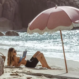 Custom Tassel Sunshade Parasol, Commercial Outdoor 7ft 8ft Pink Fringe Patio Beach Umbrella With Carry Bag