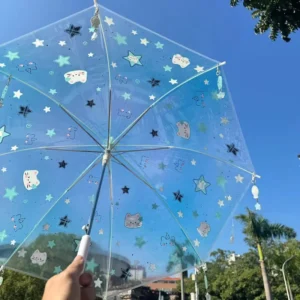 Custom Trending Cute Ins Rainy Day Photo Ready Transparent Cartoon 8 Ribs POE Straight Long-handled Automatic Opening Umbrella